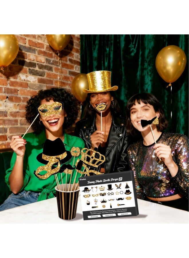 23PCS Gold and Black Photo Booth Props Set, Funny Photobooth Props Kit for Birthday Wedding Graduation New Year Party Celebration Decoration Supplies - Image 2